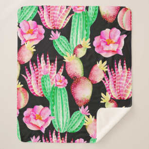 Seamless pattern with succulents. Watercolor cactu Sherpa Blanket