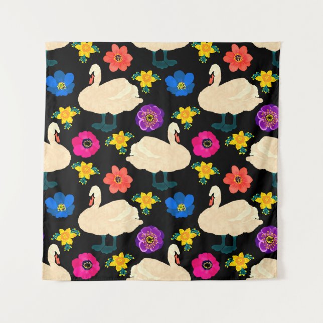 Seamless pattern with swans and flowers, hand draw tapestry (Front)