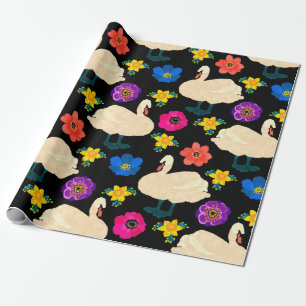Seamless pattern with swans and flowers, hand draw wrapping paper