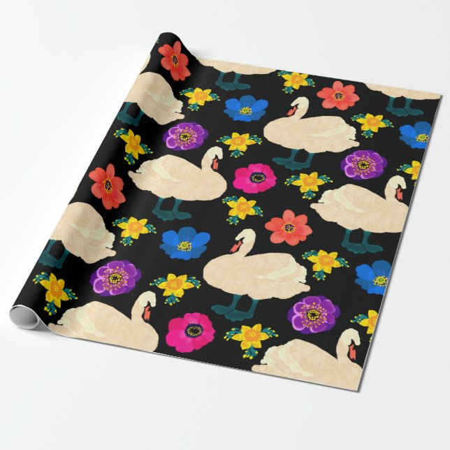 Seamless pattern with swans and flowers, hand draw wrapping paper (Unrolled)