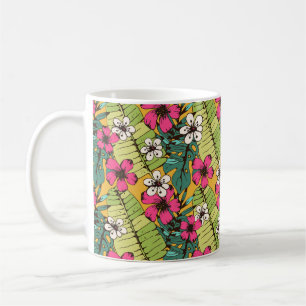 Seamless pattern with tropical flowers, palm leave coffee mug