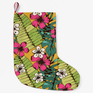 Seamless pattern with tropical flowers, palm leave small christmas stocking