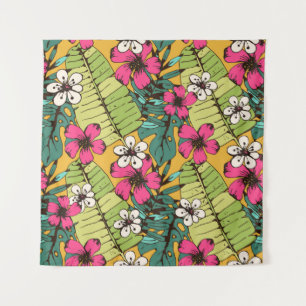 Seamless pattern with tropical flowers, palm leave tapestry