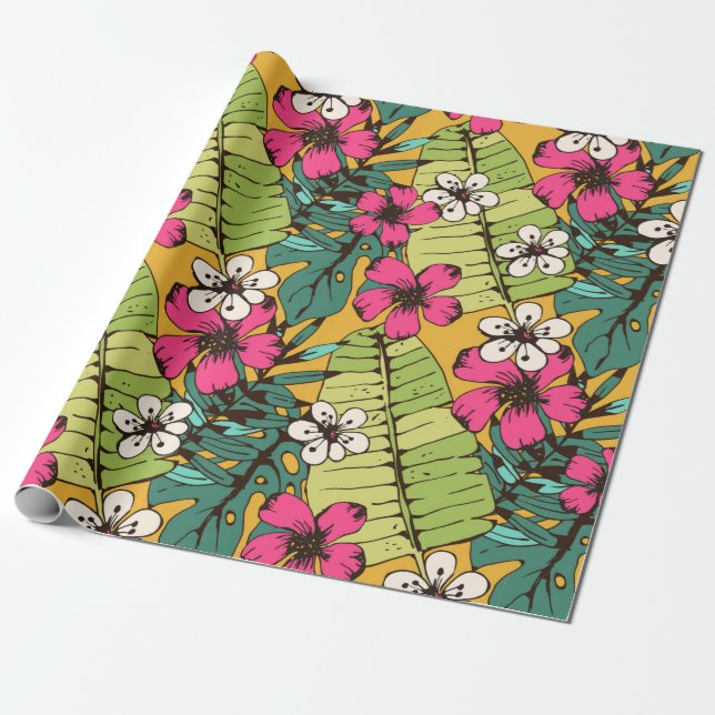Seamless pattern with tropical flowers, palm leave wrapping paper (Unrolled)