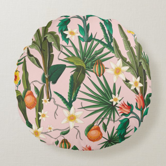 Seamless pattern with tropical leaf, flowers and f round cushion (Front)