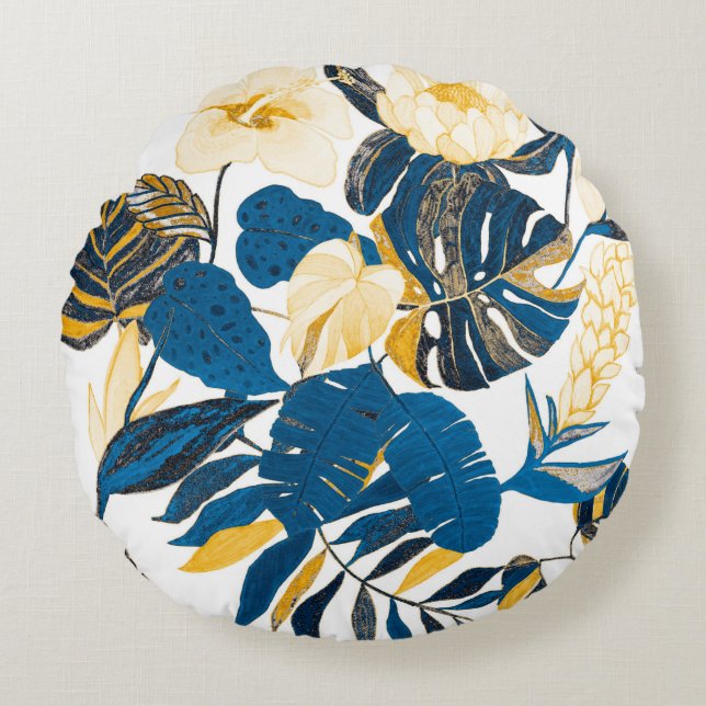 Seamless pattern with tropical leaves and flowers round cushion (Front)