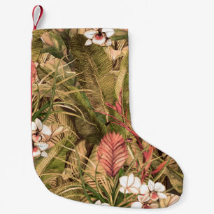 Seamless pattern with tropical leaves and flowers. small christmas stocking
