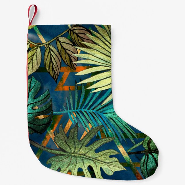 Seamless pattern with tropical leaves and geometri small christmas stocking (Front)