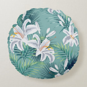 Seamless pattern with tropical leaves and royal wh round cushion