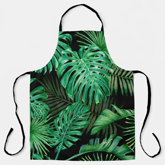 Seamless pattern with tropical leaves on a dark ba apron (Front)