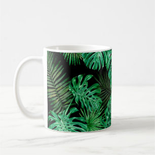 Seamless pattern with tropical leaves on a dark ba coffee mug