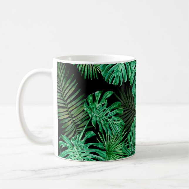 Seamless pattern with tropical leaves on a dark ba coffee mug (Left)