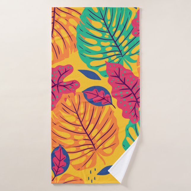 Seamless pattern with tropical leaves on yellow ba bath towel (Bath Towel)