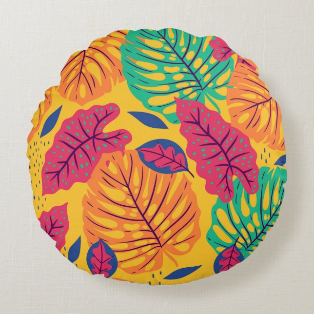 Seamless pattern with tropical leaves on yellow ba round cushion (Front)