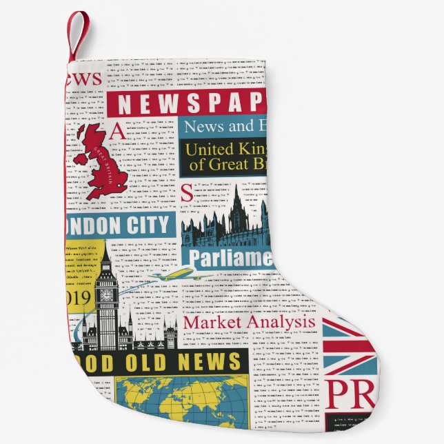  seamless pattern with UK or London newspaper. Pag Small Christmas Stocking (Front)