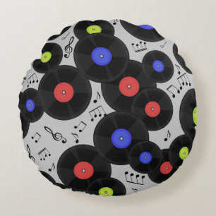 Seamless pattern with vinyl records and notes. round cushion