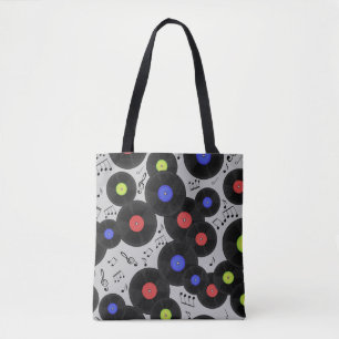 Seamless pattern with vinyl records and notes. tote bag