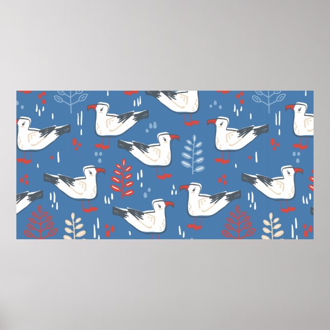 seamless pattern with walking gull. Bird and leave Poster (Front)