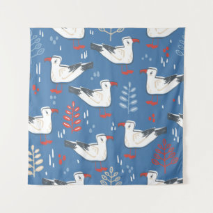 seamless pattern with walking gull. Bird and leave Tapestry