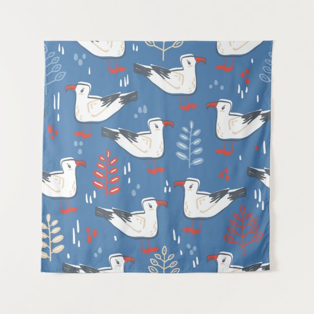 seamless pattern with walking gull. Bird and leave Tapestry (Front)