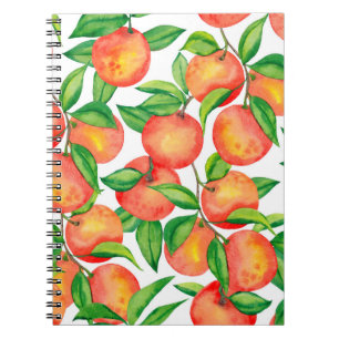 Seamless pattern with watercolor mandarin fruit an notebook