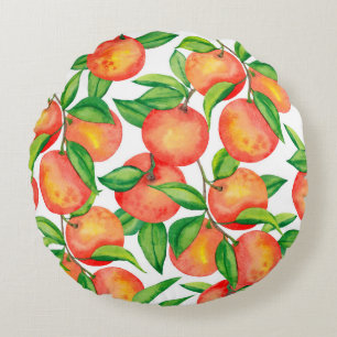 Seamless pattern with watercolor mandarin fruit an round cushion