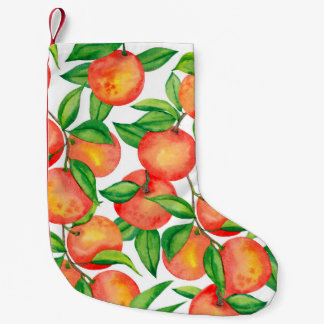Seamless pattern with watercolor mandarin fruit an small christmas stocking