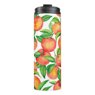 Seamless pattern with watercolor mandarin fruit an thermal tumbler