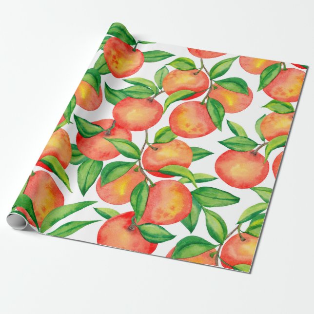 Seamless pattern with watercolor mandarin fruit an wrapping paper (Unrolled)