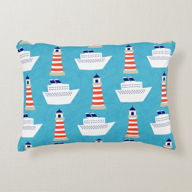 Seamless pattern with waves, lighthouses and cruis decorative cushion (Front)