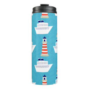 Seamless pattern with waves, lighthouses and cruis thermal tumbler