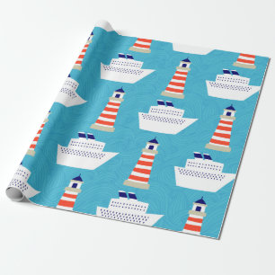 Seamless pattern with waves, lighthouses and cruis wrapping paper