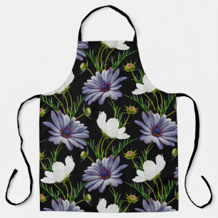 Seamless pattern with white cosmos and blue daisy apron
