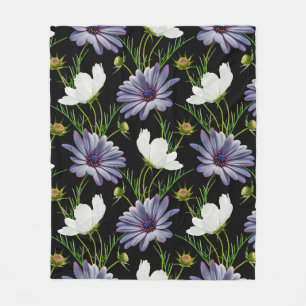 Seamless pattern with white cosmos and blue daisy fleece blanket