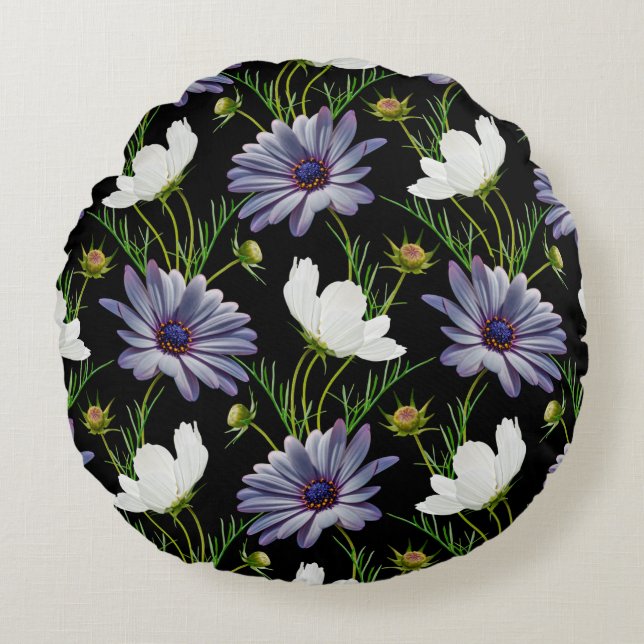 Seamless pattern with white cosmos and blue daisy  round cushion (Front)