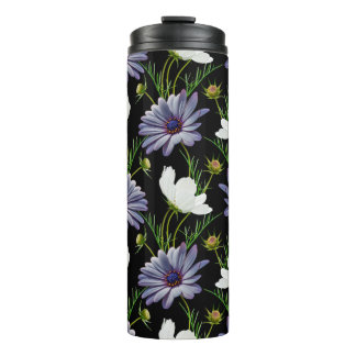 Seamless pattern with white cosmos and blue daisy thermal tumbler