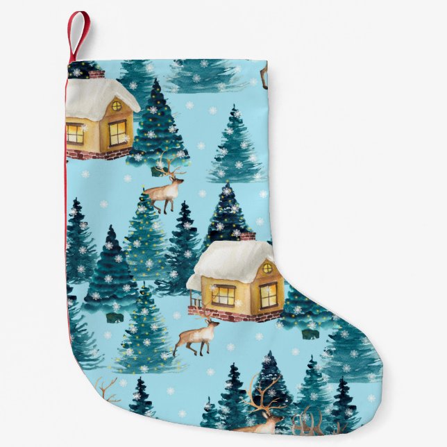 Seamless pattern with winter village in the forest small christmas stocking (Front)