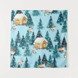 Seamless pattern with winter village in the forest tapestry