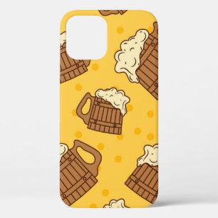 Seamless Pattern with Wooden Foam Beer Mugsbeer, p iPhone 12 Case