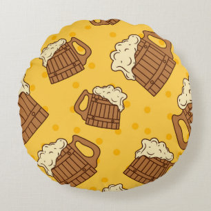 Seamless Pattern with Wooden Foam Beer Mugsbeer, p Round Cushion