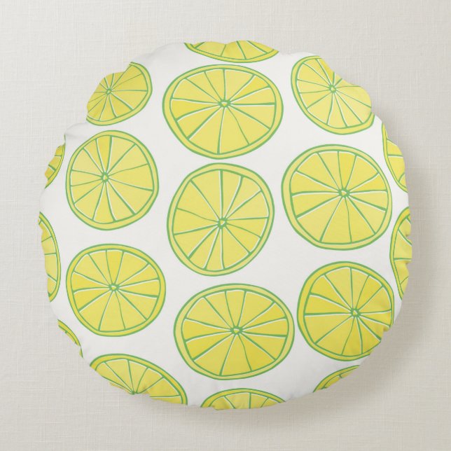 Seamless pattern with yellow lemon slices on white round cushion (Front)