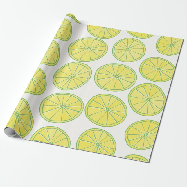 Seamless pattern with yellow lemon slices on white wrapping paper (Unrolled)