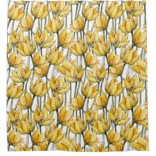 Seamless pattern with yellow tulips on a white bac shower curtain