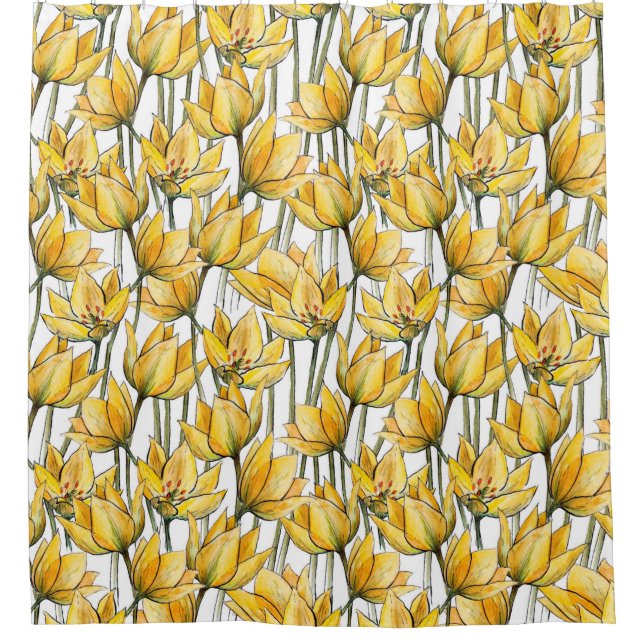 Seamless pattern with yellow tulips on a white bac shower curtain (Front)