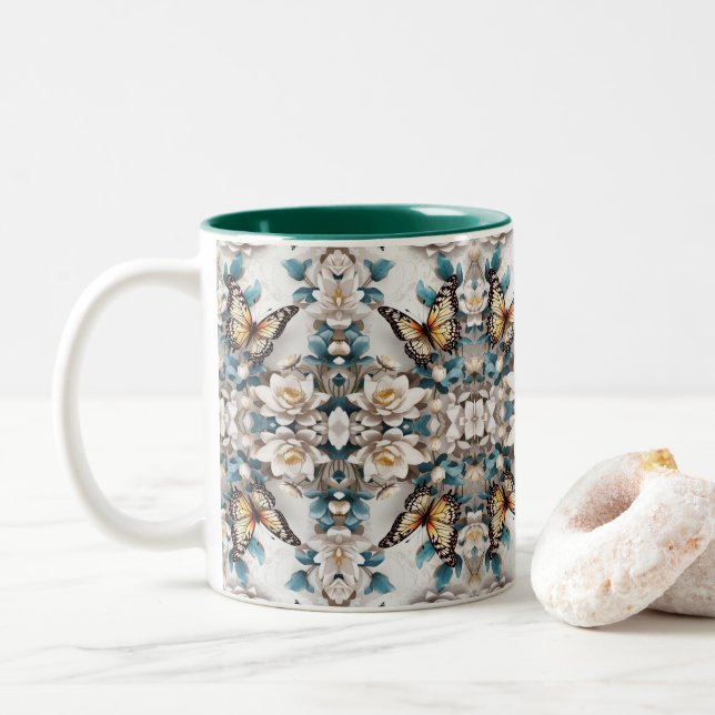 seamless patterns,butterfly flower Two-Tone coffee mug (With Donut)