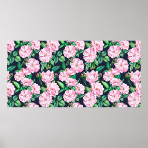 Seamless patterns of branches of roses, buds and l poster