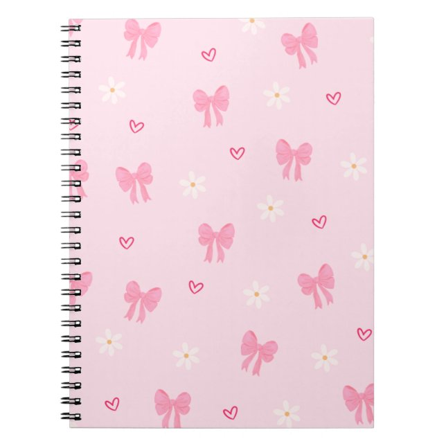 Seamless Pink Bow and Floral Pattern – Cute Girly  Notebook (Front)