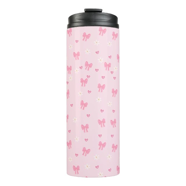 Seamless Pink Bow and Floral Pattern – Cute Girly Thermal Tumbler (Front)