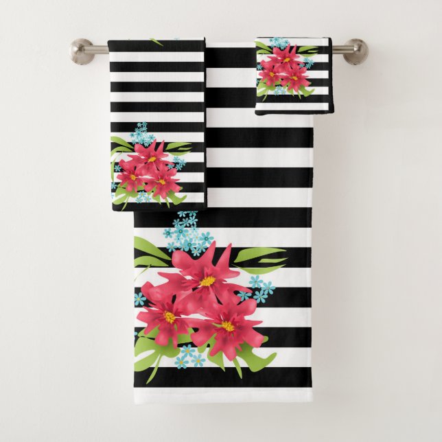 Seamless pink flowers floral black white striped l bath towel set (Insitu)