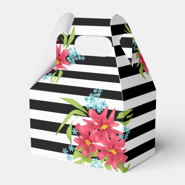 Seamless pink flowers floral black white striped l favour box (Front Side)